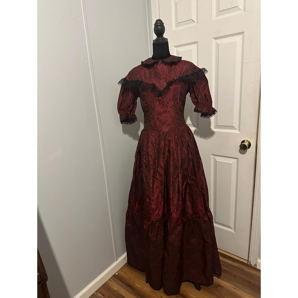 Vintage Burgundy Damask Lace Trim Maxi Dress Victorian Prairie